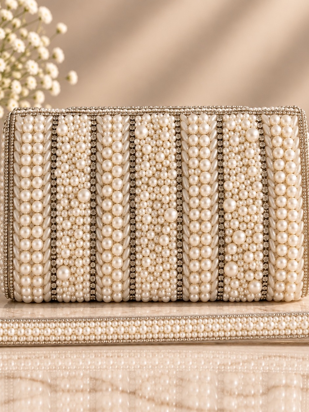Pearl-Embellished Ivory Clutch Handbag